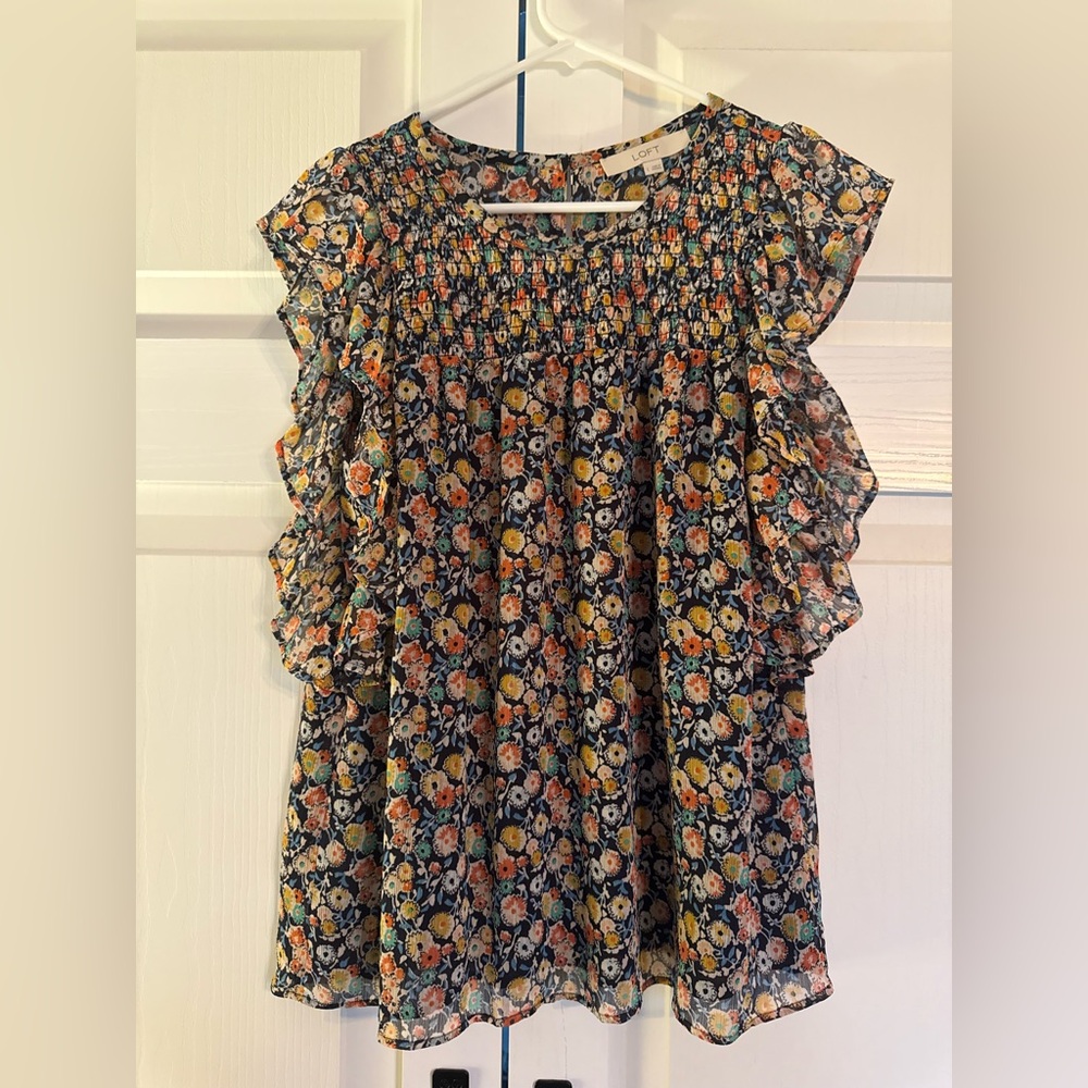 Loft Navy Floral Chiffon Flutter Sleeve Blouse